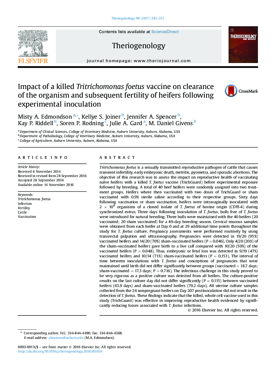 Impact of a killed Tritrichomonas foetus vaccine on clearance of the organism and subsequent fertility of heifers following experimental inoculation