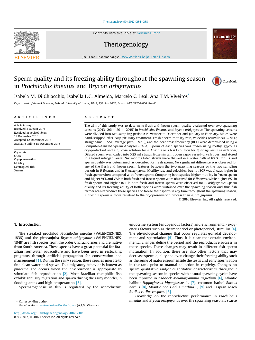 Sperm quality and its freezing ability throughout the spawning season in Prochilodus lineatus and Brycon orbignyanus