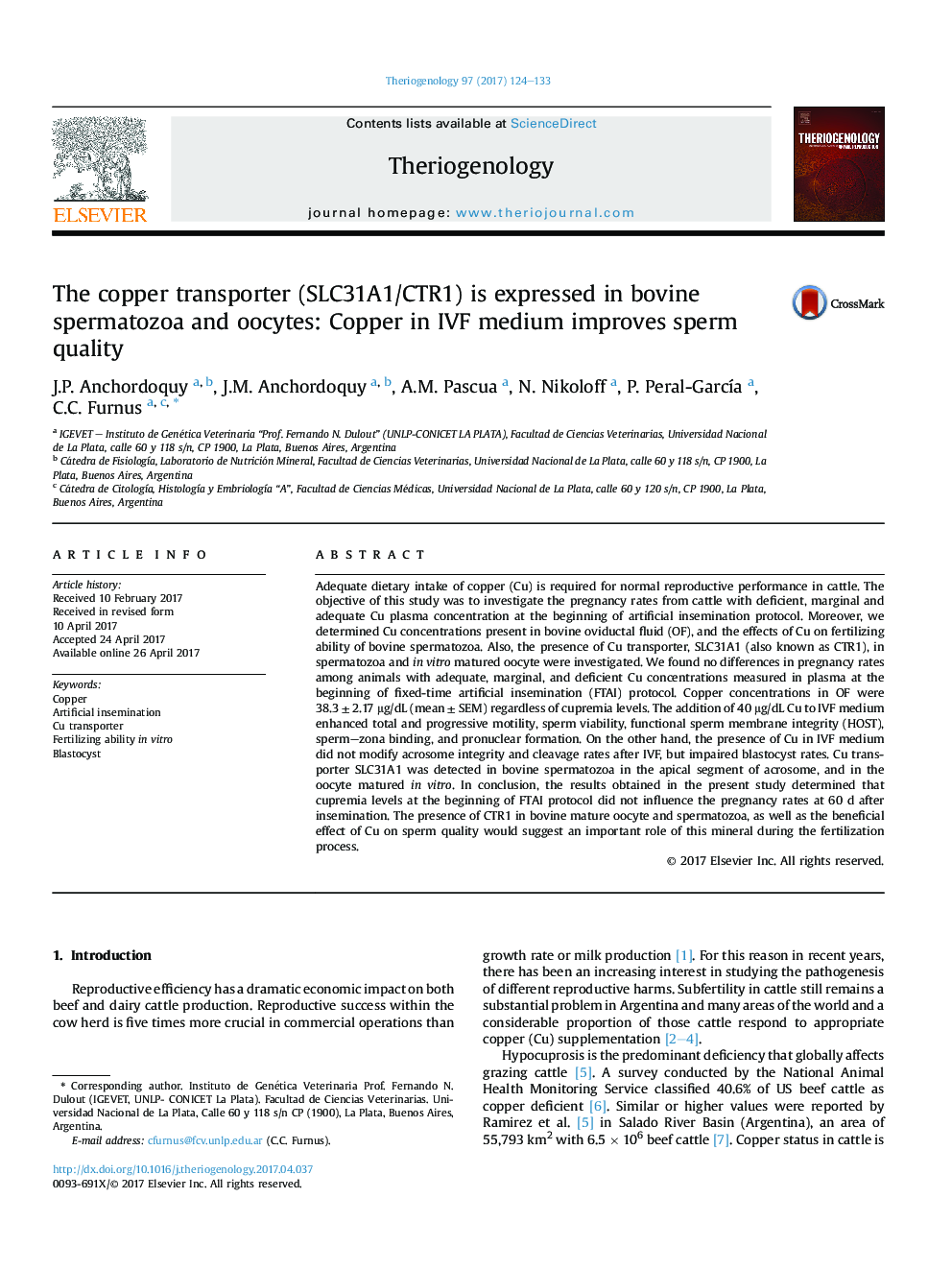 The copper transporter (SLC31A1/CTR1) is expressed in bovine spermatozoa and oocytes: Copper in IVF medium improves sperm quality
