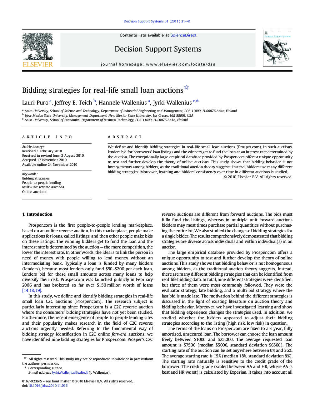 عکس صفحه اول مقاله: Bidding strategies for real-life small loan auctions Bidding strategies for real-life small loan auctions