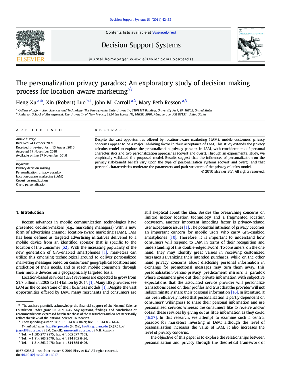 عکس صفحه اول مقاله: The personalization privacy paradox: An exploratory study of decision making process for location-aware marketing The personalization privacy paradox: An exploratory study of decision making process for location-aware marketing