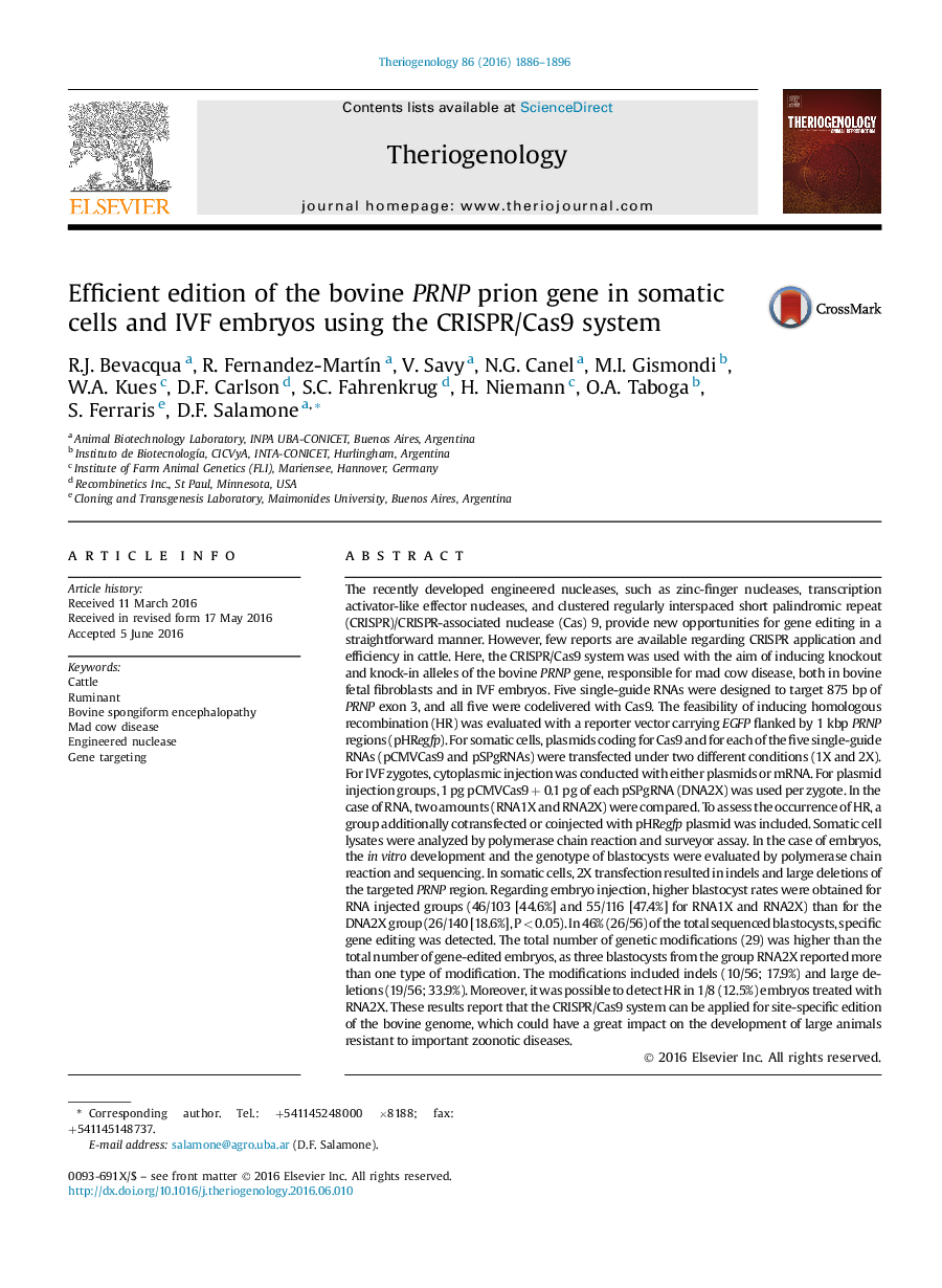 عکس صفحه اول مقاله: Research articleEfficient edition of the bovine PRNP prion gene in somatic cells and IVF embryos using the CRISPR/Cas9 system Research articleEfficient edition of the bovine PRNP prion gene in somatic cells and IVF embryos using the CRISPR/Cas9 system