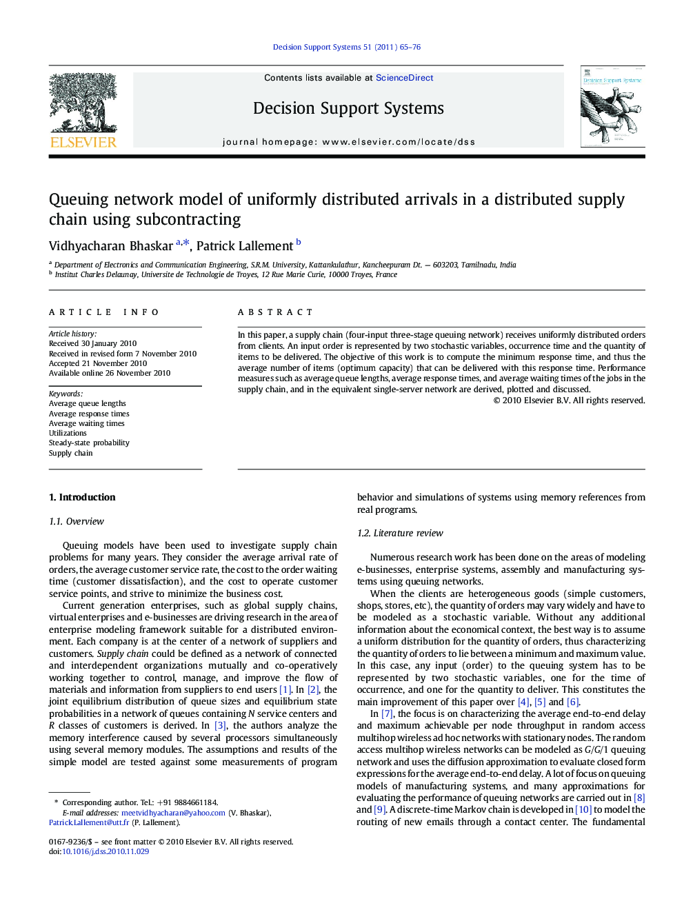 Queuing network model of uniformly distributed arrivals in a distributed supply chain using subcontracting