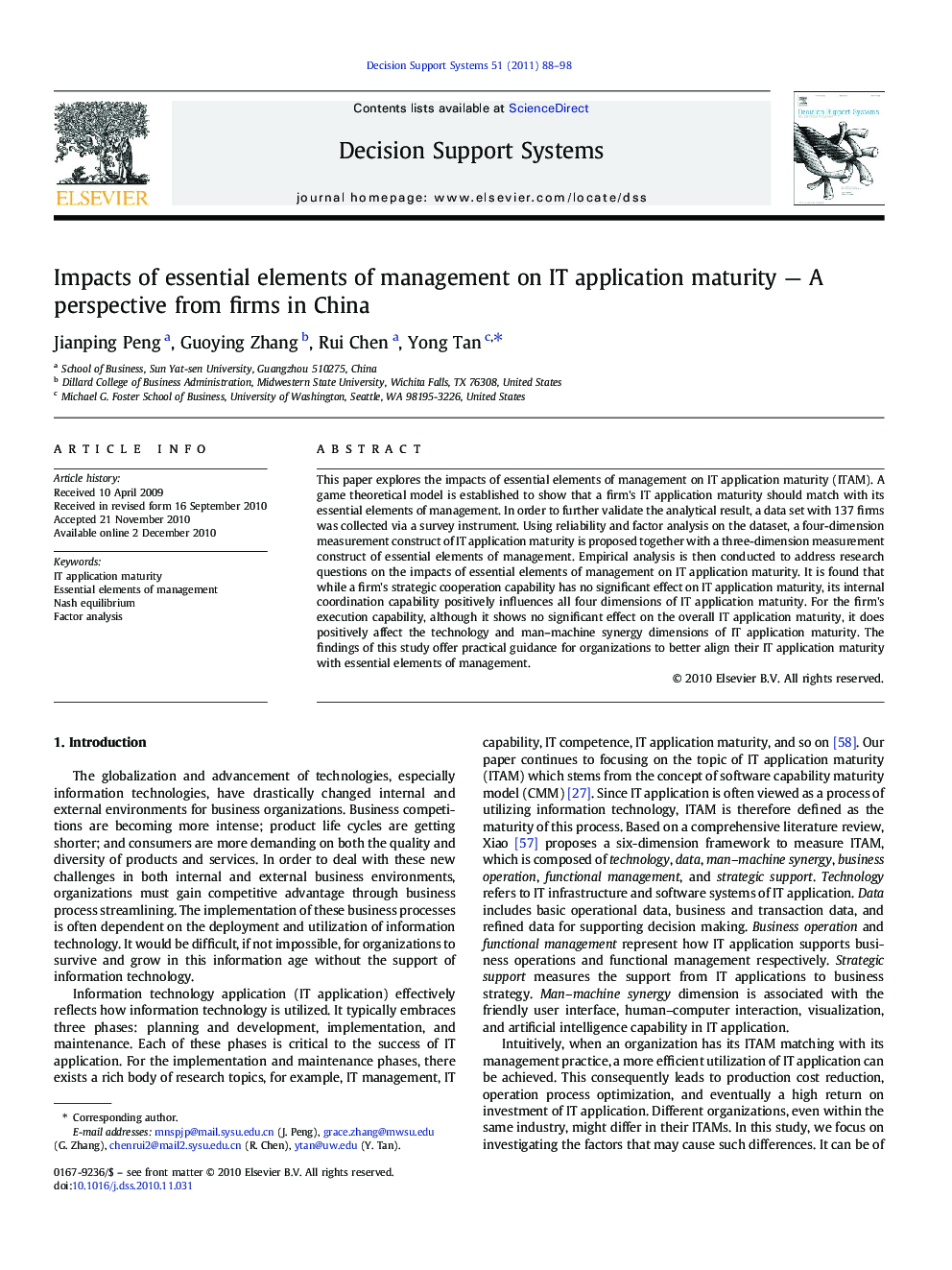 Impacts of essential elements of management on IT application maturity — A perspective from firms in China