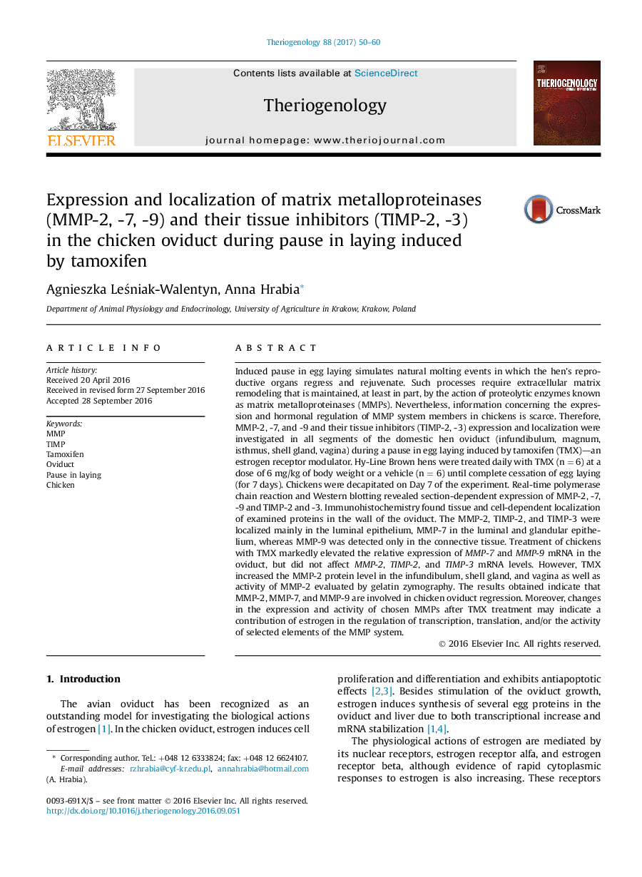 Research articleExpression and localization of matrix metalloproteinases (MMP-2, -7, -9) and their tissue inhibitors (TIMP-2, -3) in the chicken oviduct during pause in laying induced by tamoxifen