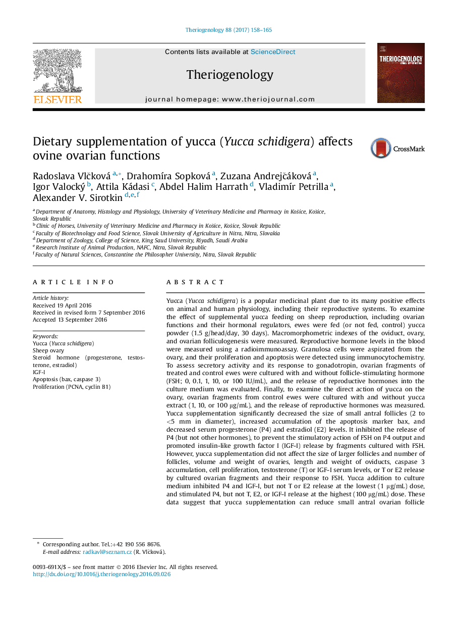 Research articleDietary supplementation of yucca (Yucca schidigera) affects ovine ovarian functions