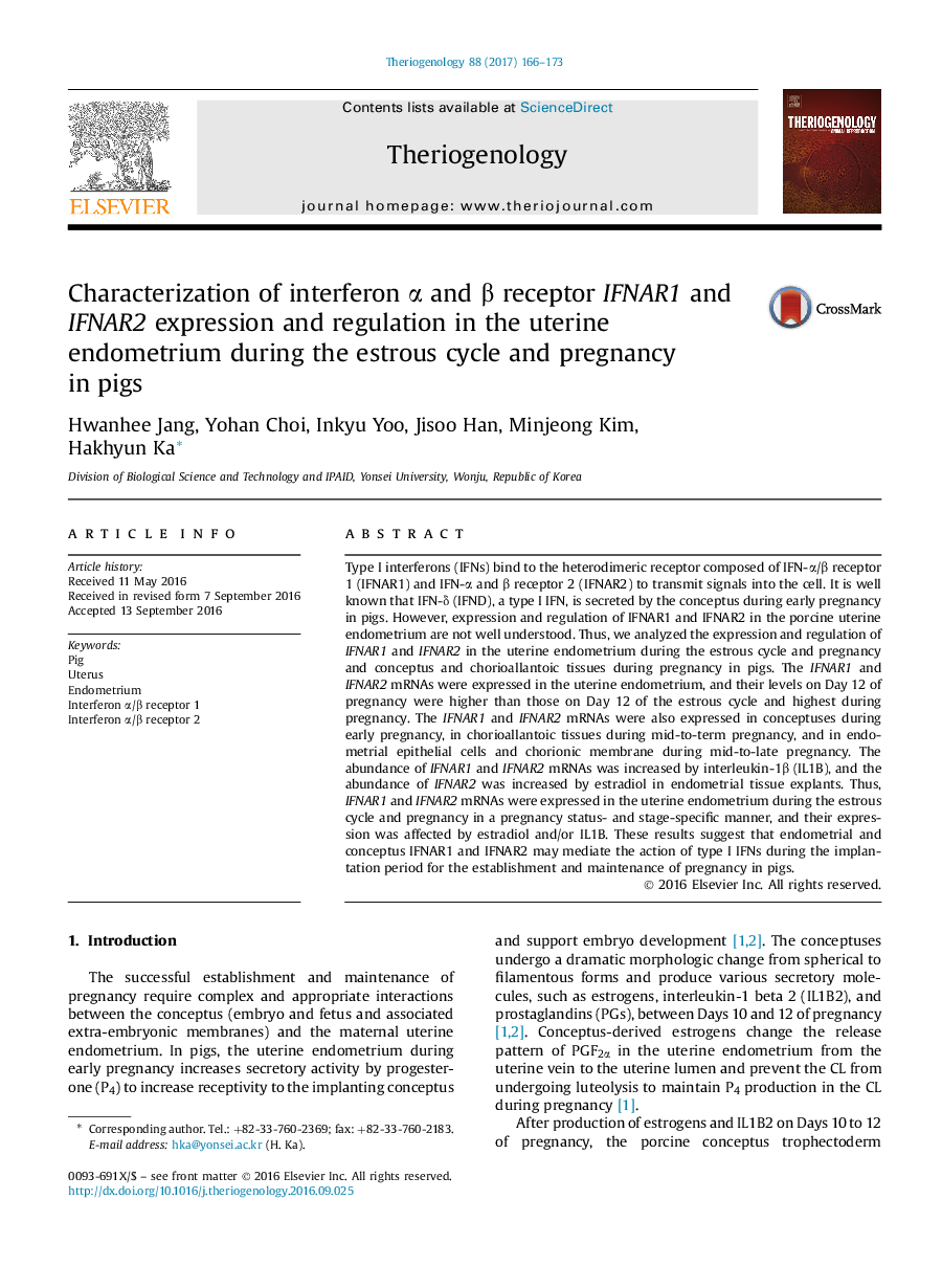 Research articleCharacterization of interferon Î± and Î² receptor IFNAR1 and IFNAR2 expression and regulation in the uterine endometrium during the estrous cycle and pregnancy in pigs