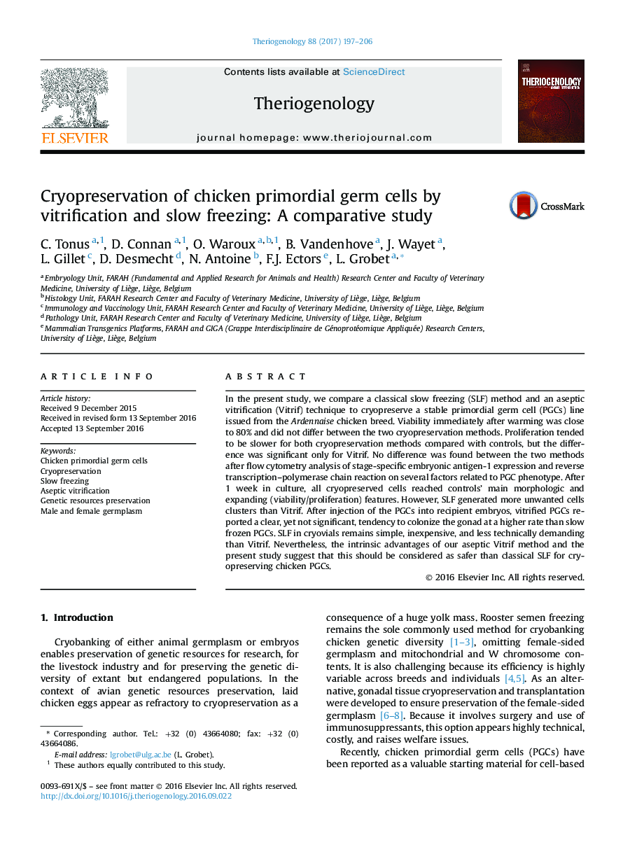 Research articleCryopreservation of chicken primordial germ cells by vitrification and slow freezing: A comparative study