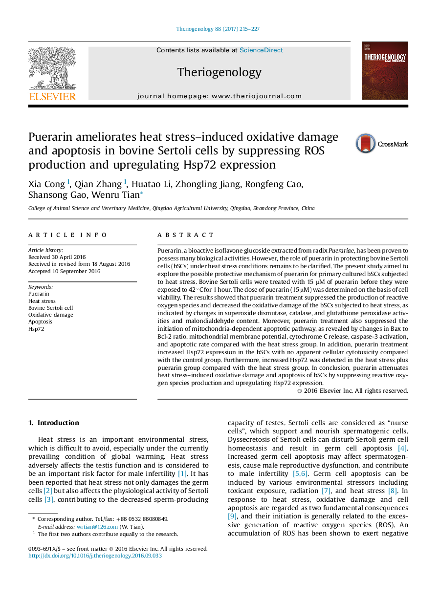 Research articlePuerarin ameliorates heat stress-induced oxidative damage and apoptosis in bovine Sertoli cells by suppressing ROS production and upregulating Hsp72 expression