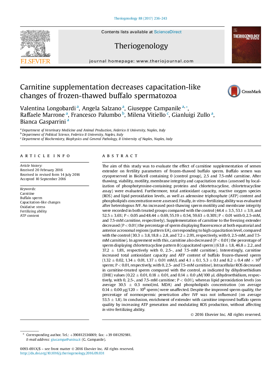 Research articleCarnitine supplementation decreases capacitation-like changes of frozen-thawed buffalo spermatozoa