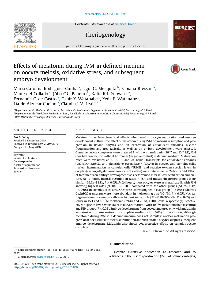 Research articleEffects of melatonin during IVM in defined medium on oocyte meiosis, oxidative stress, and subsequent embryo development