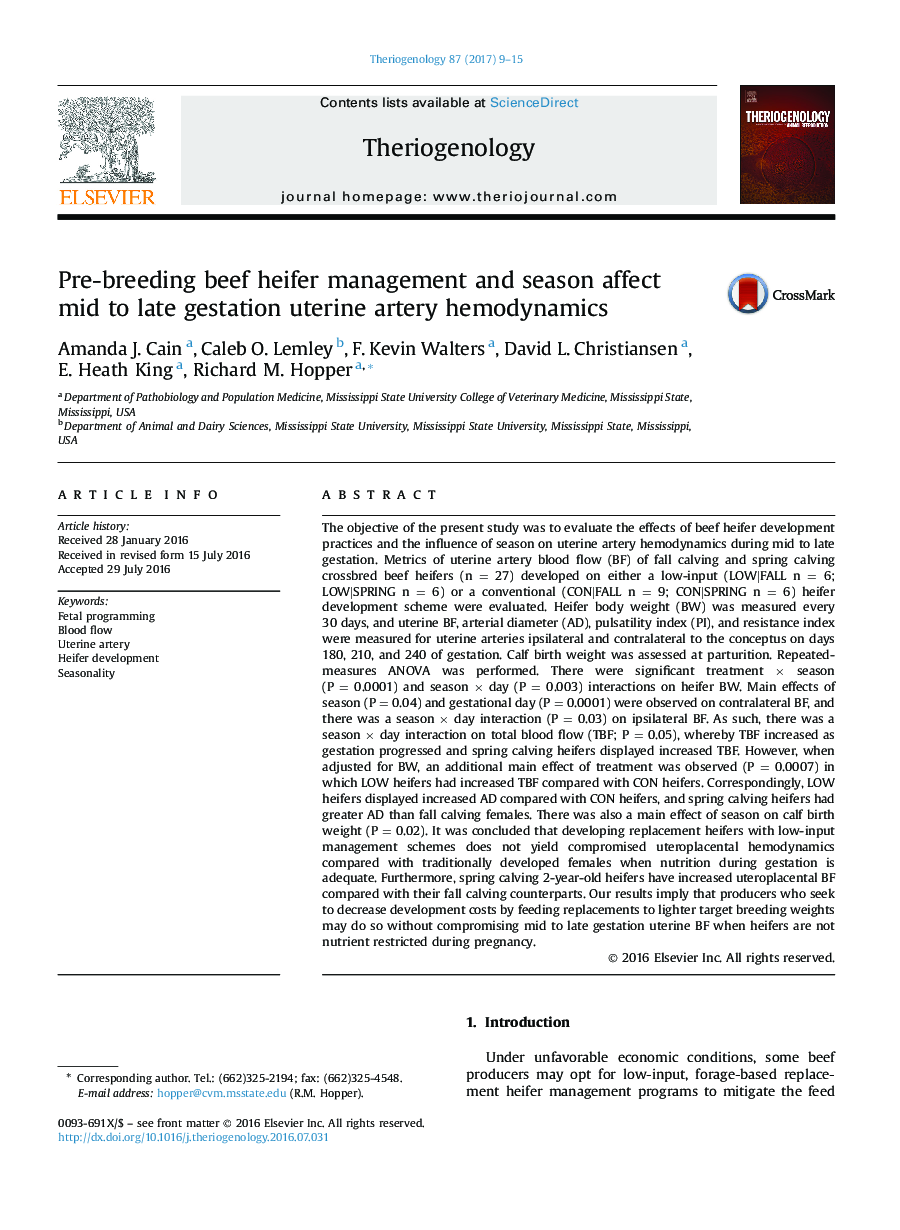 Research articlePre-breeding beef heifer management and season affect mid to late gestation uterine artery hemodynamics