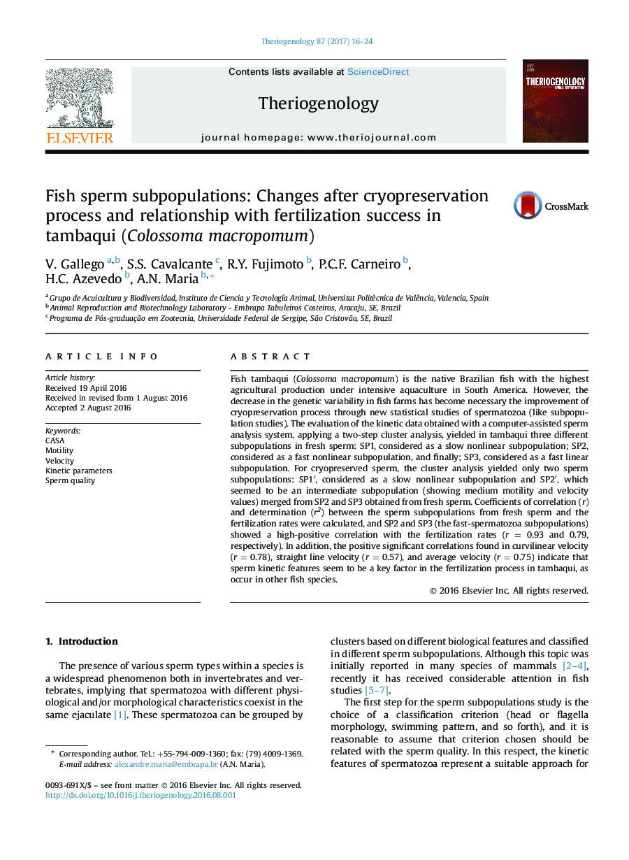 Research articleFish sperm subpopulations: Changes after cryopreservation process and relationship with fertilization success in tambaqui (Colossoma macropomum)