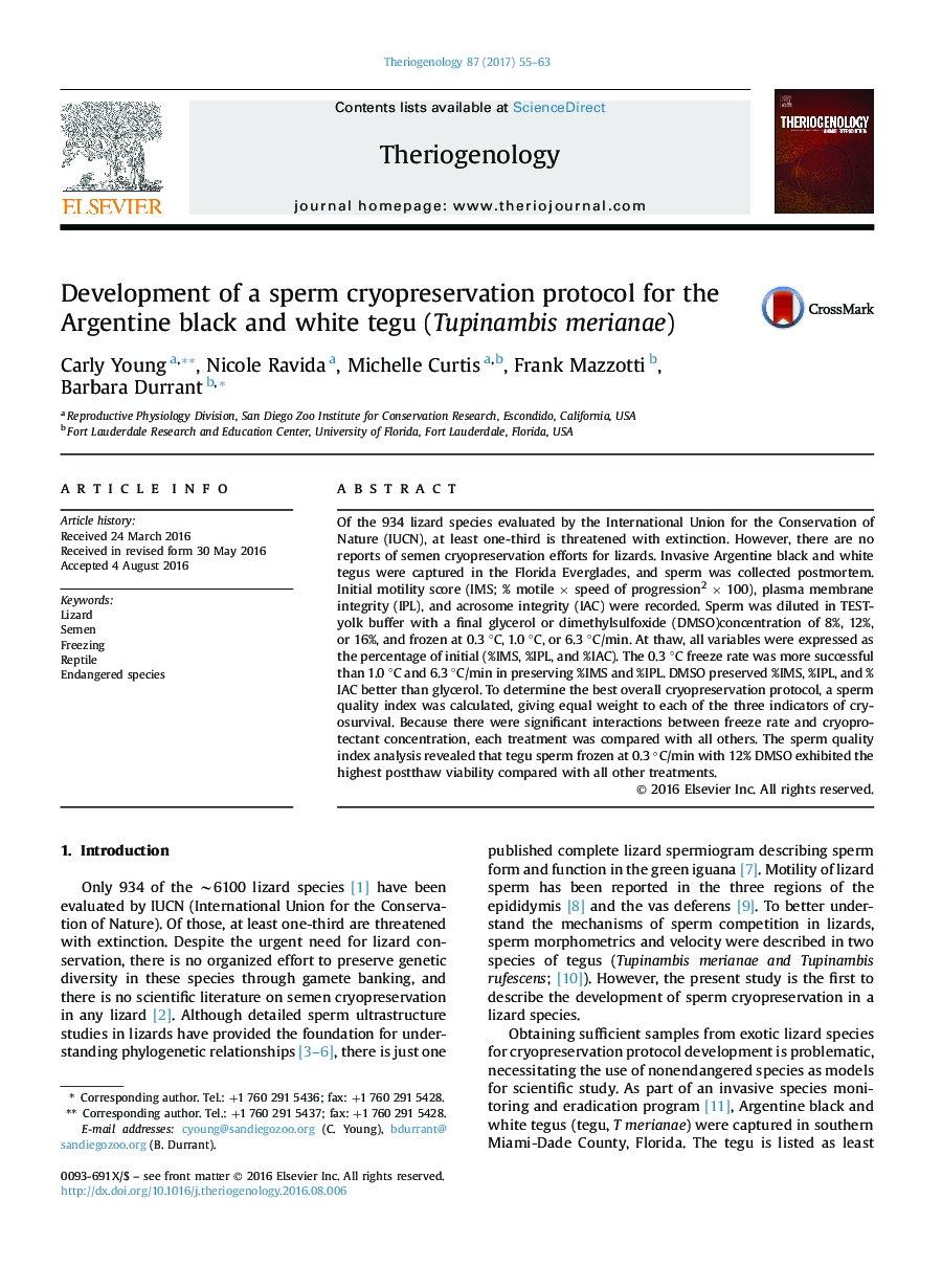 Research articleDevelopment of a sperm cryopreservation protocol for the Argentine black and white tegu (Tupinambis merianae)