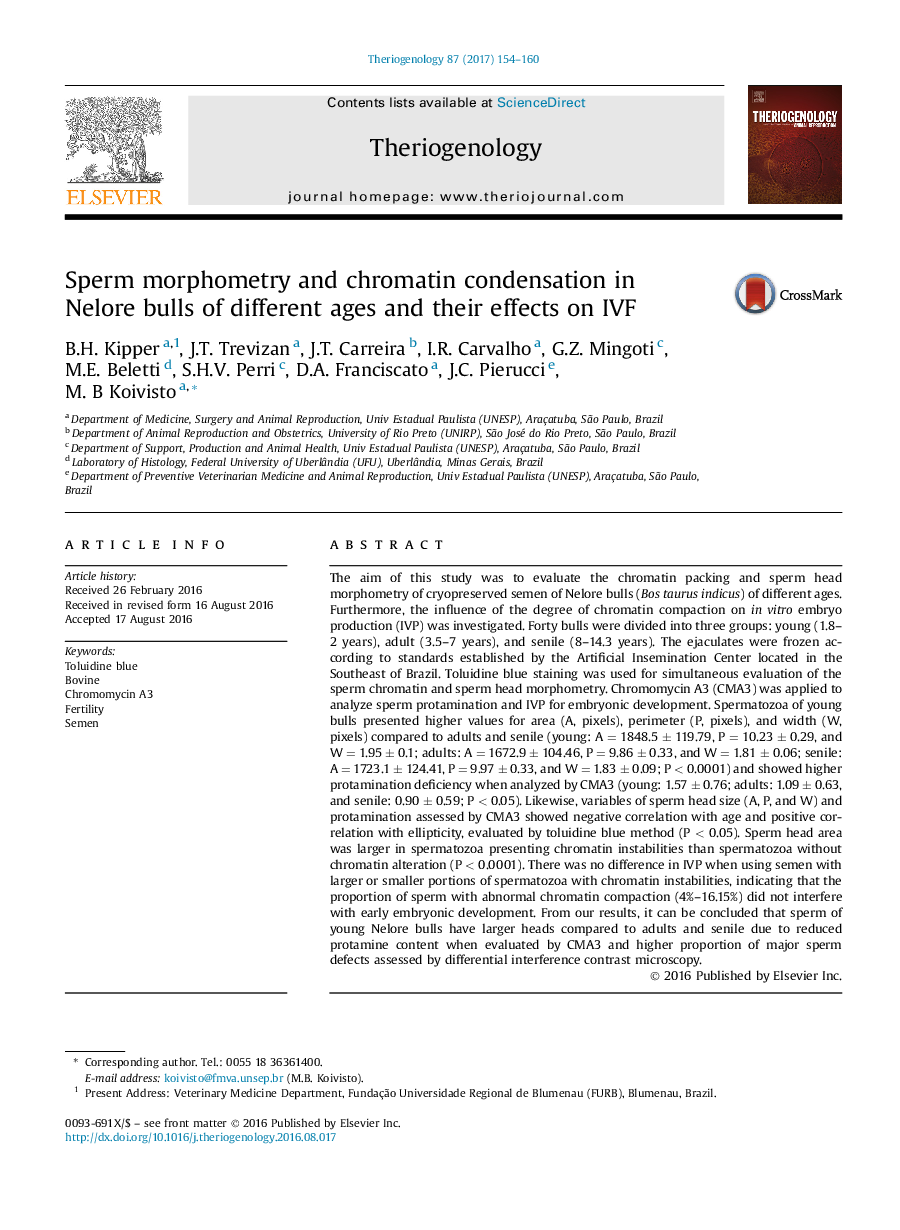 Research articleSperm morphometry and chromatin condensation in Nelore bulls of different ages and their effects on IVF