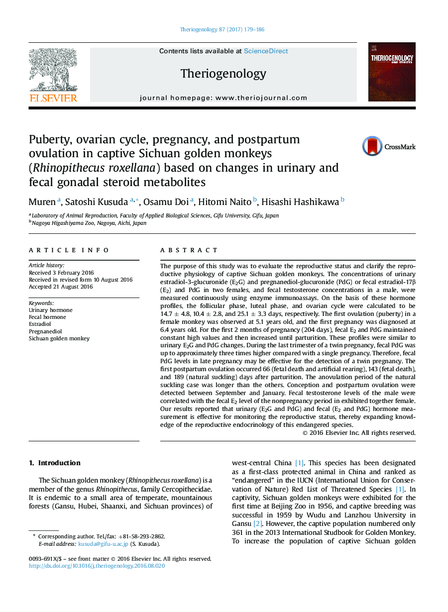 Research articlePuberty, ovarian cycle, pregnancy, and postpartum ovulation in captive Sichuan golden monkeys (Rhinopithecus roxellana) based on changes in urinary and fecal gonadal steroid metabolites