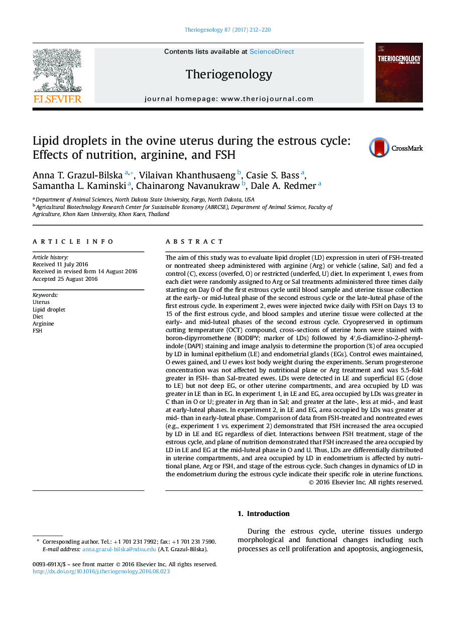 Lipid droplets in the ovine uterus during the estrous cycle: Effects of nutrition, arginine, and FSH