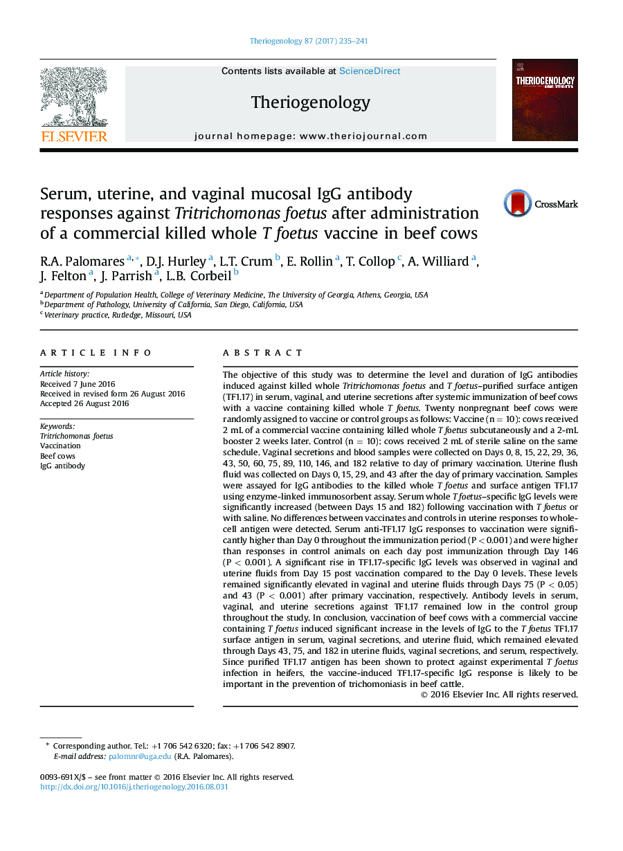 Research articleSerum, uterine, and vaginal mucosal IgG antibody responses against Tritrichomonas foetus after administration of a commercial killed whole T foetus vaccine in beef cows