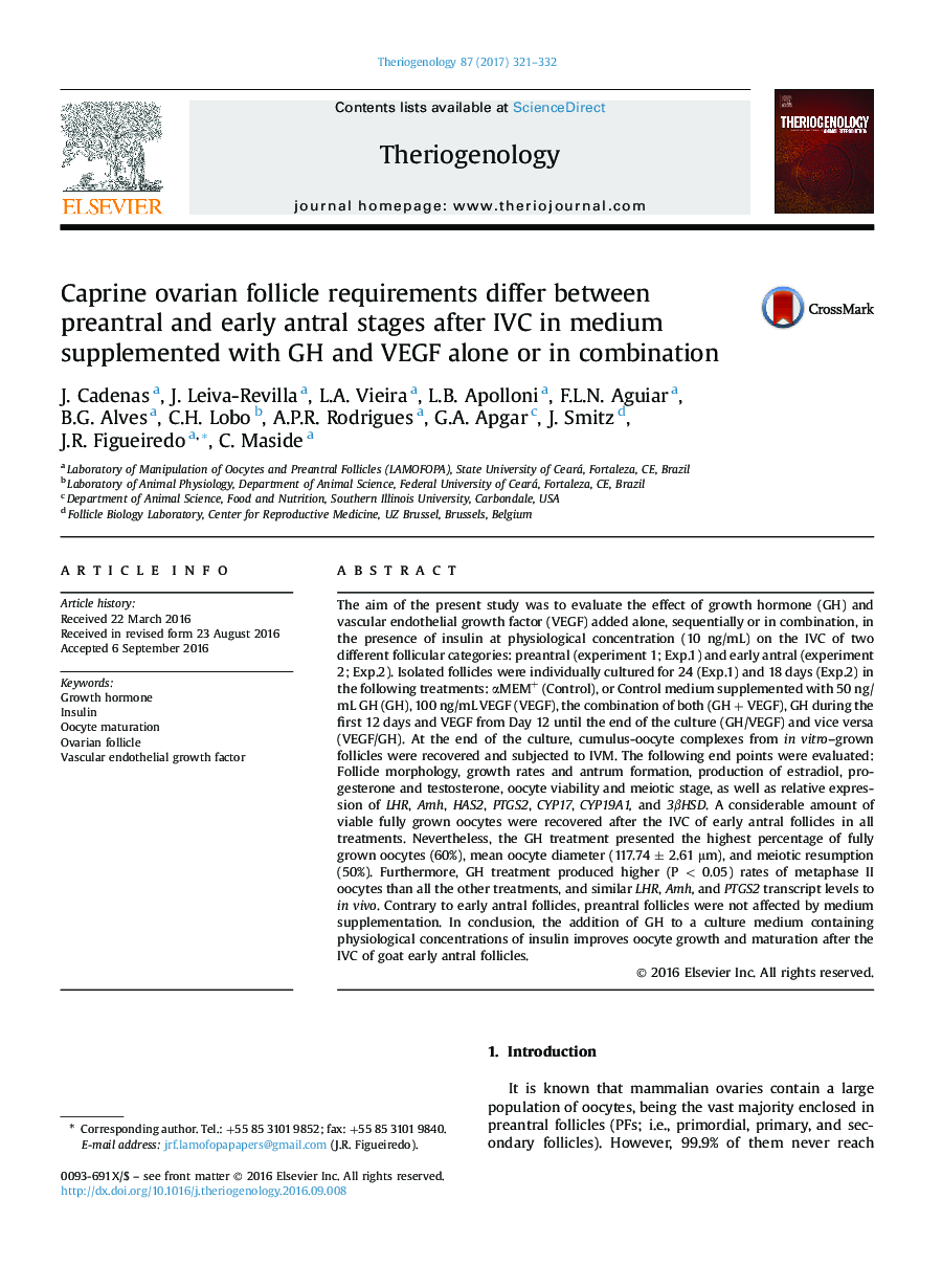 Research articleCaprine ovarian follicle requirements differ between preantral and early antral stages after IVC in medium supplemented with GH and VEGF alone or in combination