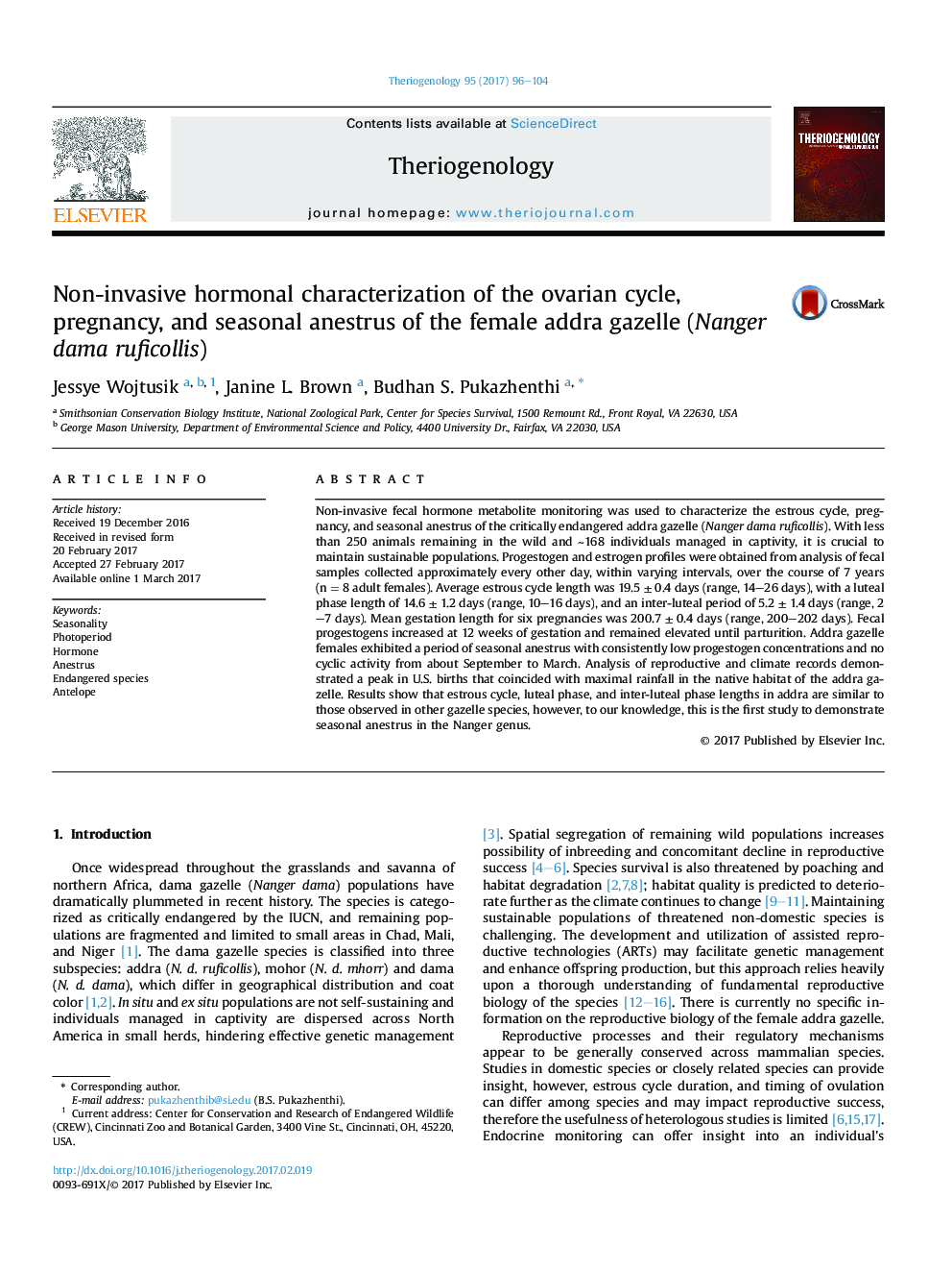 Non-invasive hormonal characterization of the ovarian cycle, pregnancy, and seasonal anestrus of the female addra gazelle (Nanger dama ruficollis)