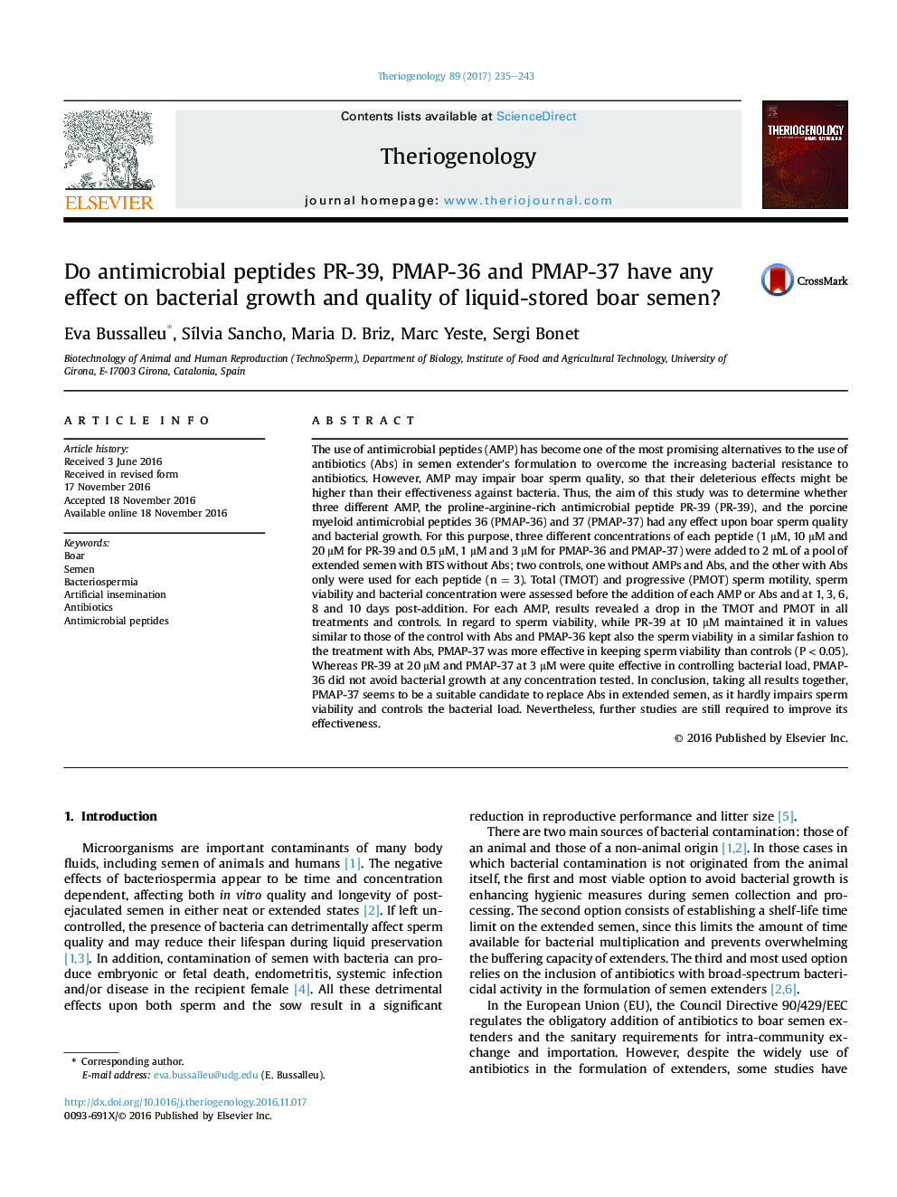 Research articleDo antimicrobial peptides PR-39, PMAP-36 and PMAP-37 have any effect on bacterial growth and quality of liquid-stored boar semen?