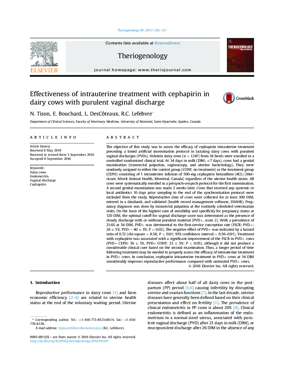 Research articleEffectiveness of intrauterine treatment with cephapirin in dairy cows with purulent vaginal discharge