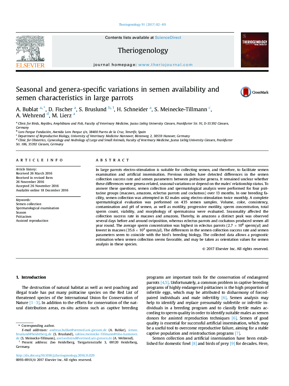 Seasonal and genera-specific variations in semen availability and semen characteristics in large parrots