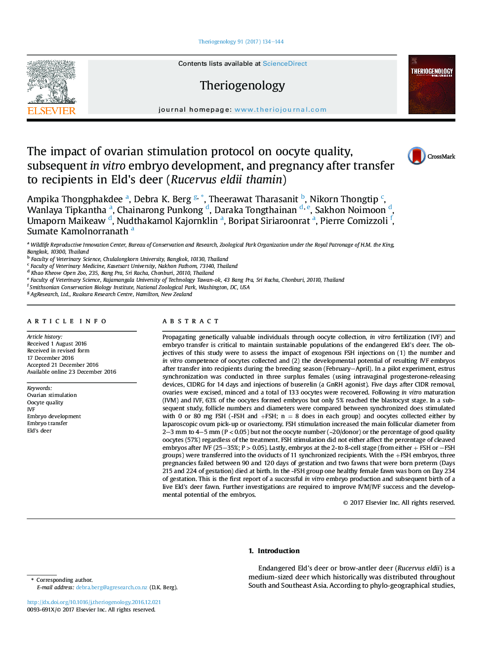 The impact of ovarian stimulation protocol on oocyte quality, subsequent inÂ vitro embryo development, and pregnancy after transfer to recipients in Eld's deer (Rucervus eldii thamin)