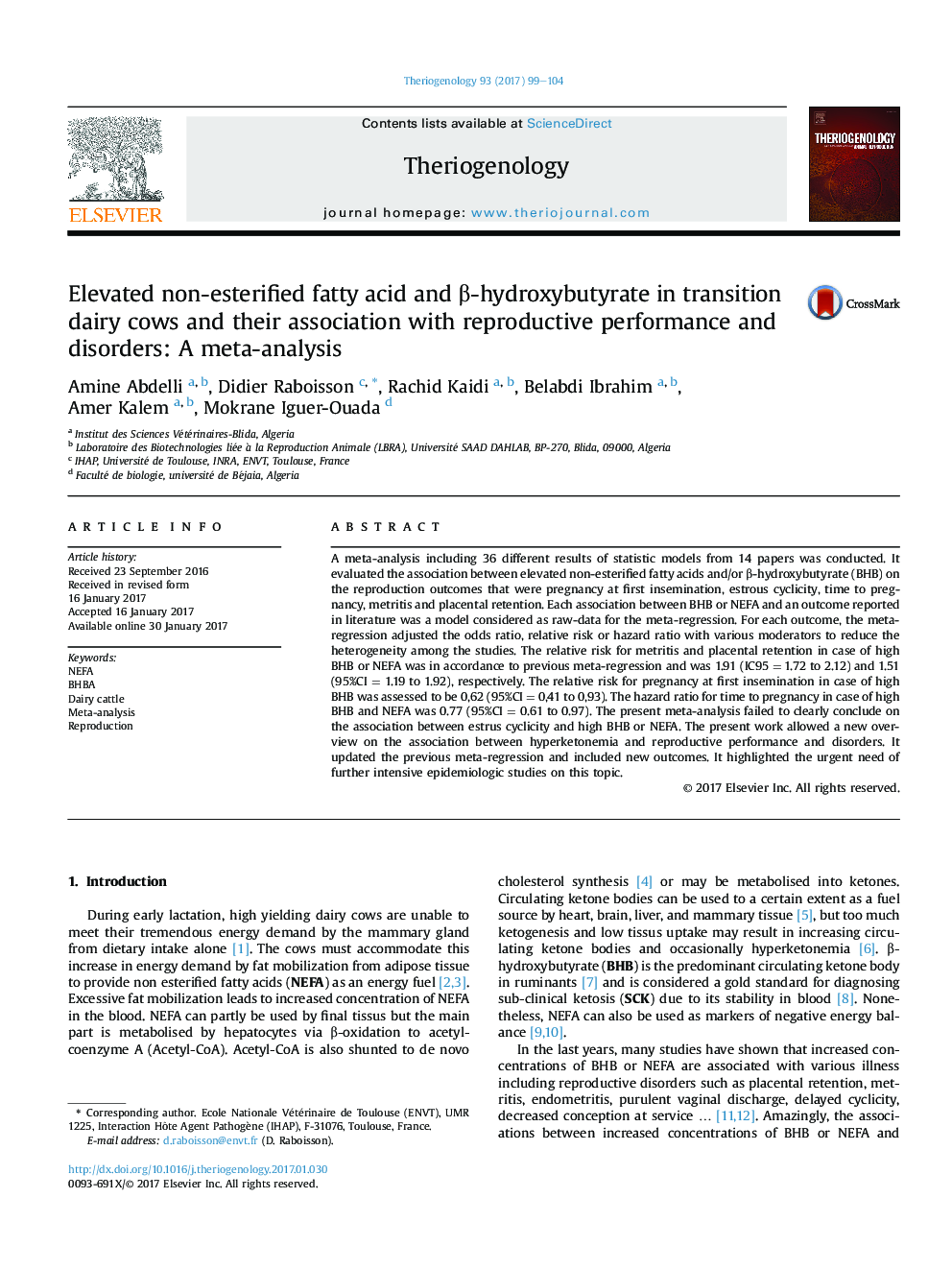 Elevated non-esterified fatty acid and Î²-hydroxybutyrate in transition dairy cows and their association with reproductive performance and disorders: A meta-analysis