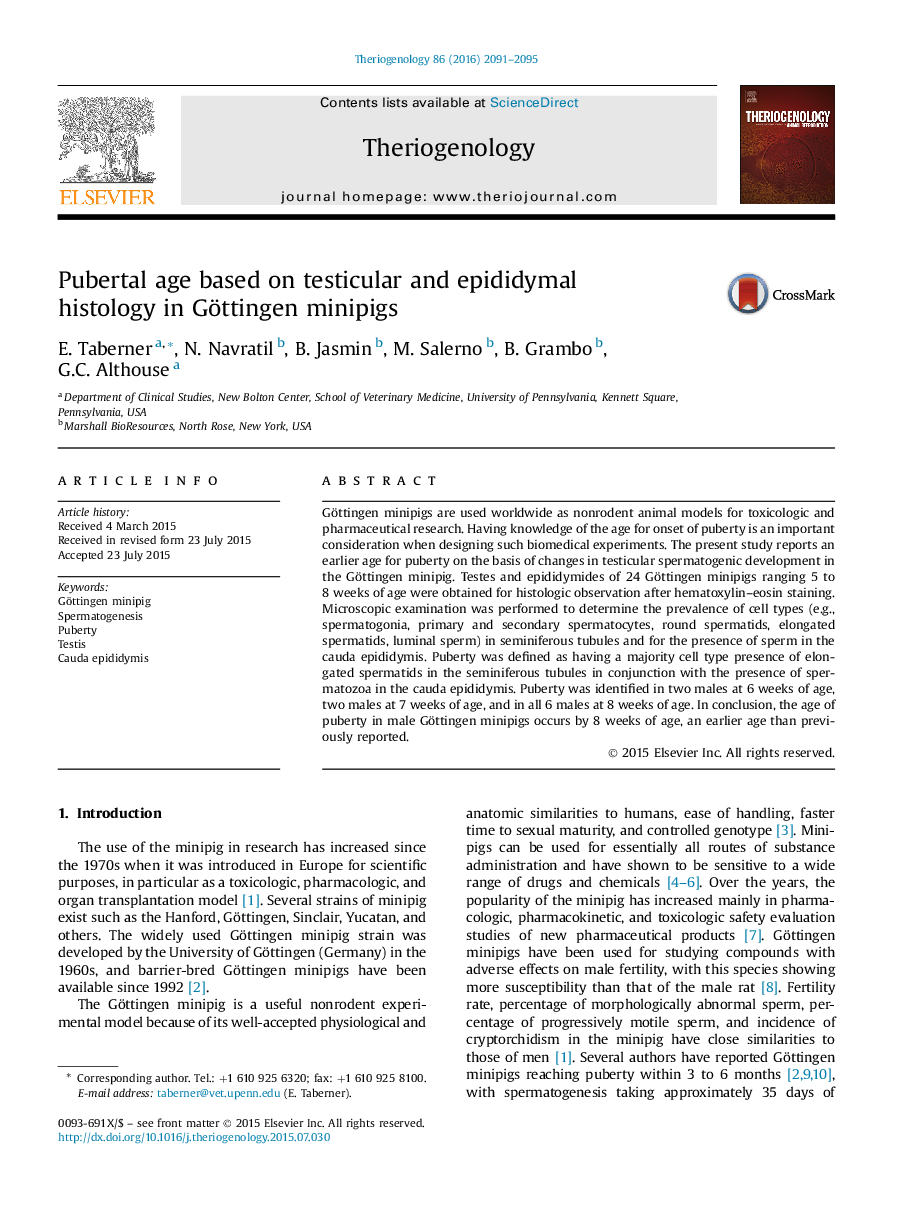 Research articlePubertal age based on testicular and epididymal histology in Göttingen minipigs