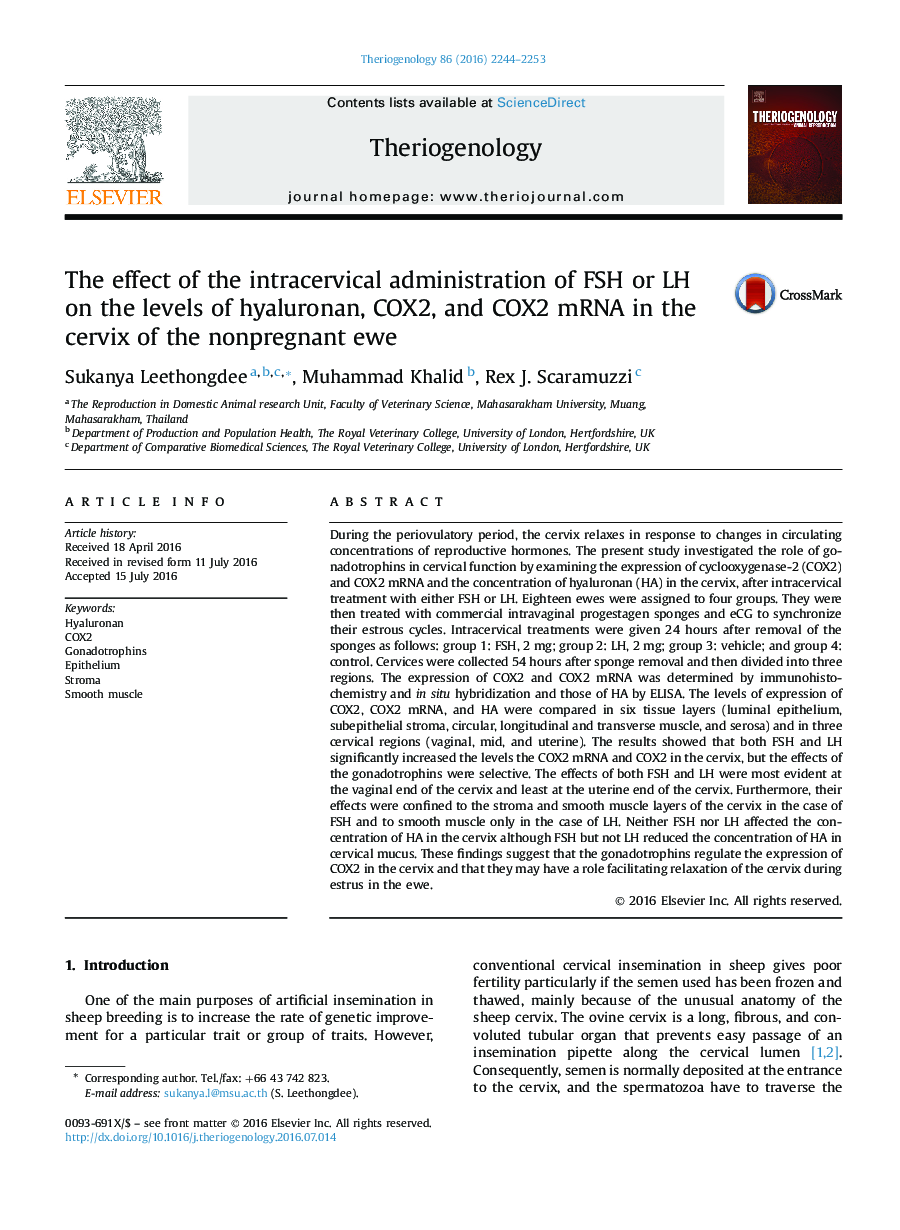 Research articleThe effect of the intracervical administration of FSH or LH on the levels of hyaluronan, COX2, and COX2 mRNA in the cervix of the nonpregnant ewe