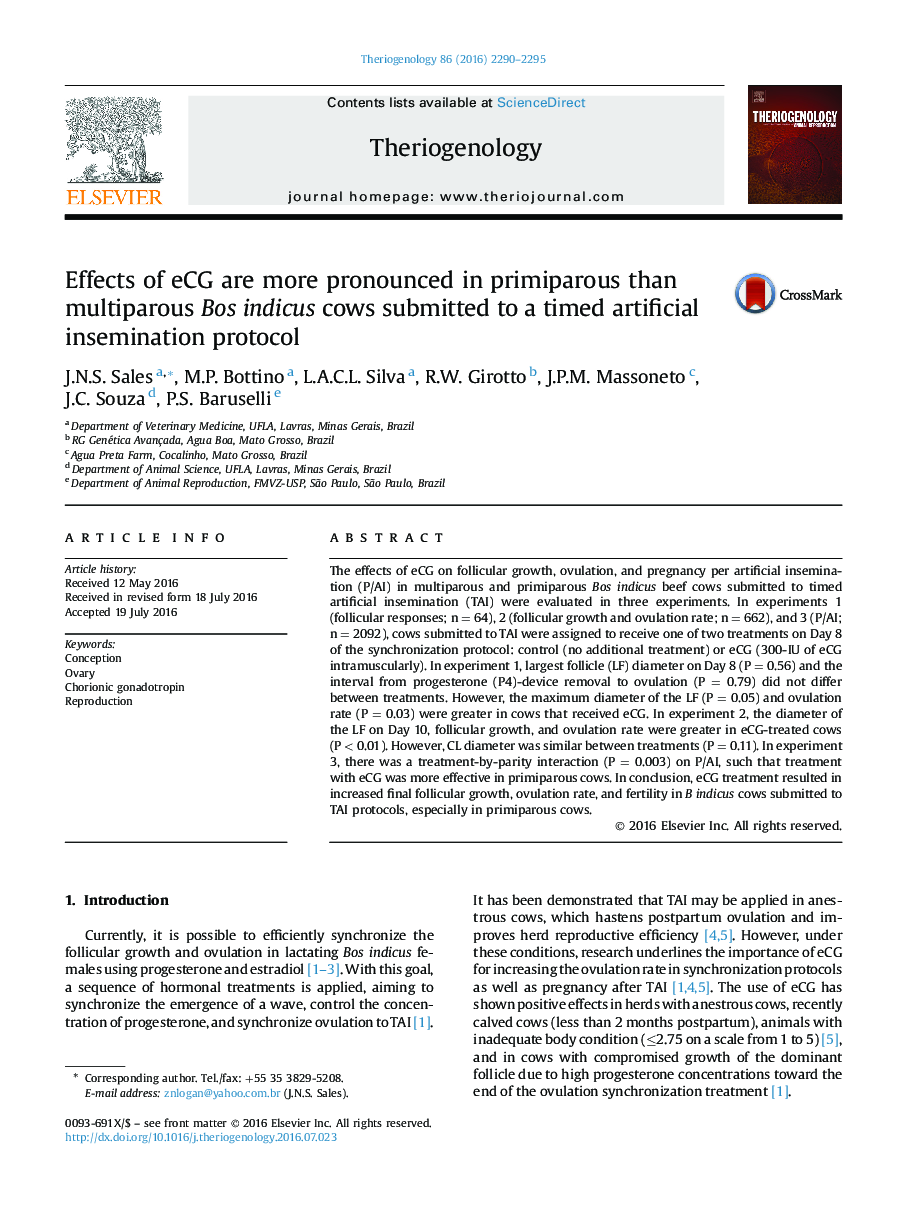 Research articleEffects of eCG are more pronounced in primiparous than multiparous Bos indicus cows submitted to a timed artificial insemination protocol