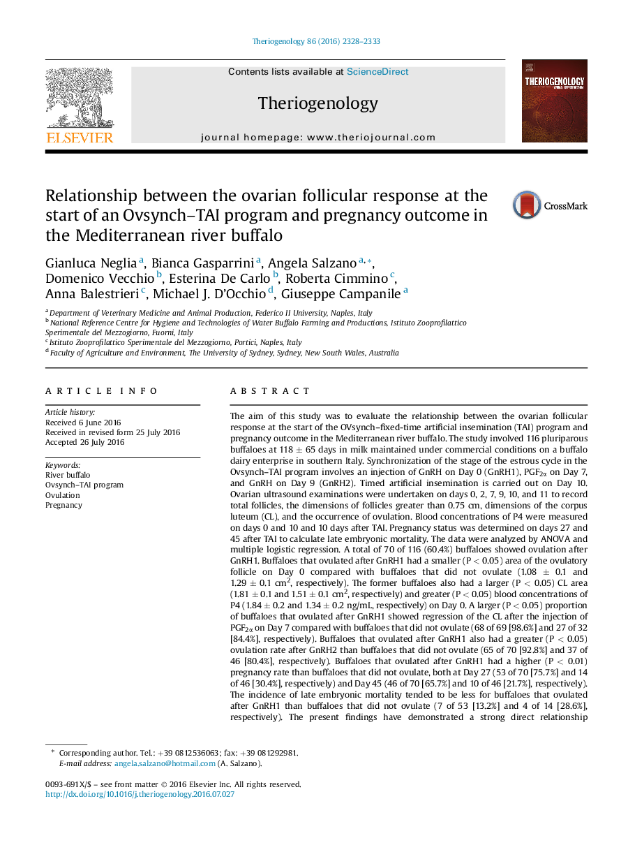 Research articleRelationship between the ovarian follicular response at the start of an Ovsynch-TAI program and pregnancy outcome in the Mediterranean river buffalo