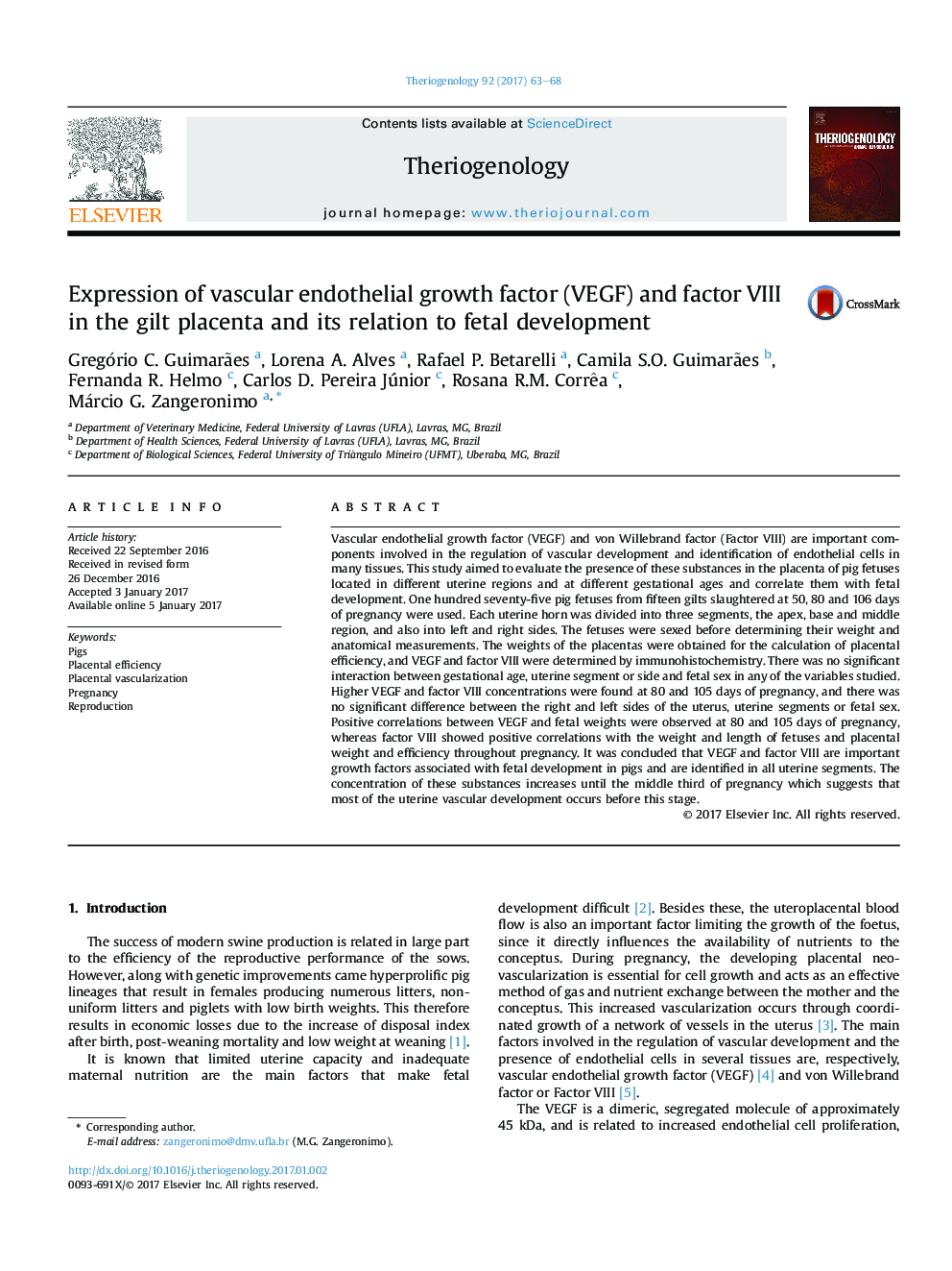 Expression of vascular endothelial growth factor (VEGF) and factor VIII in the gilt placenta and its relation to fetal development