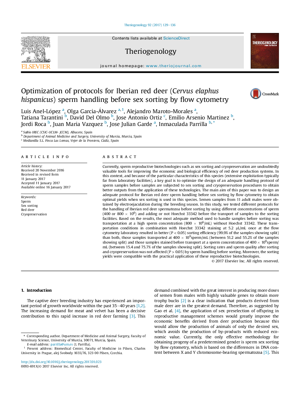 Optimization of protocols for Iberian red deer (Cervus elaphus hispanicus) sperm handling before sex sorting by flow cytometry