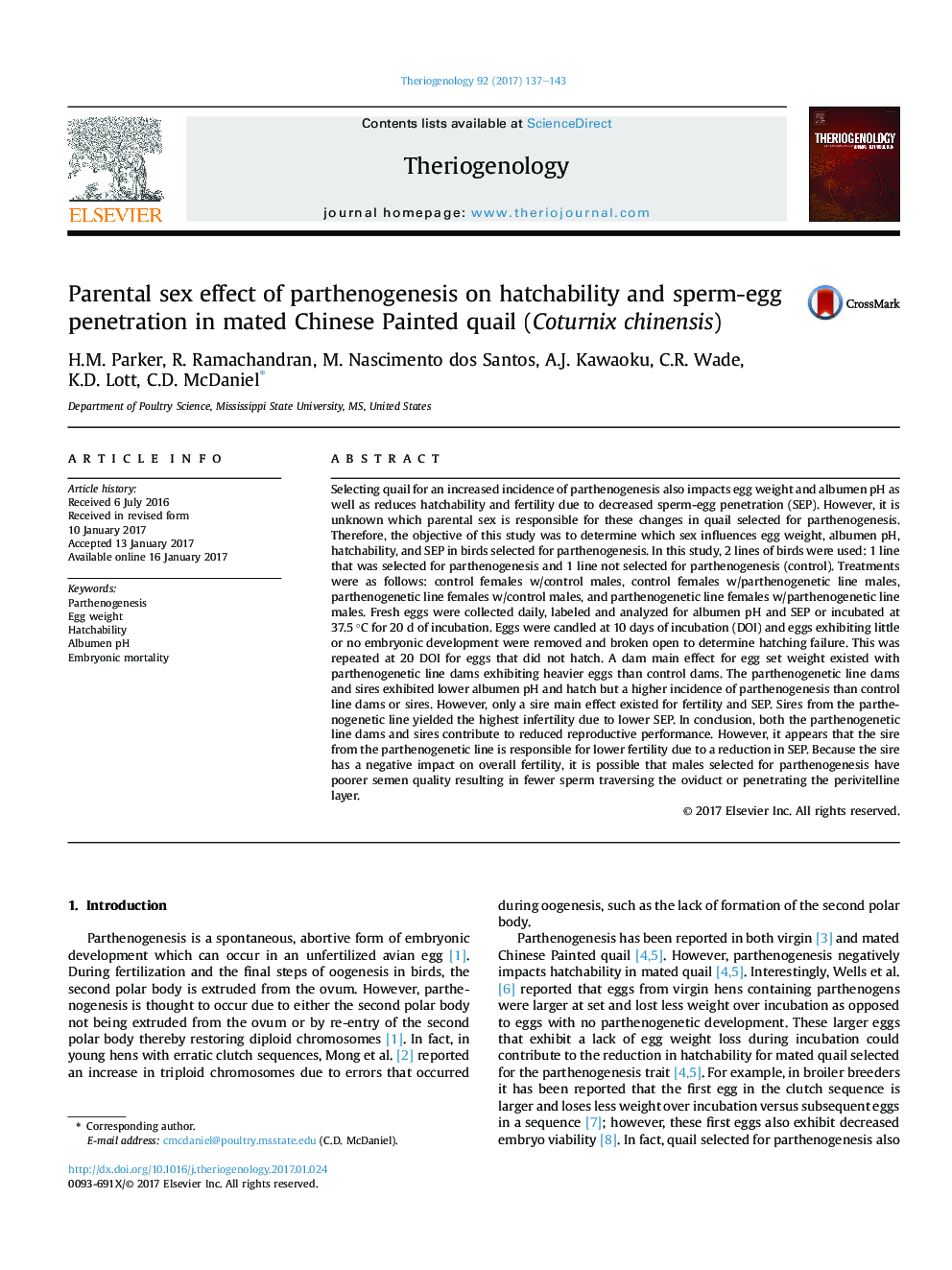 Parental sex effect of parthenogenesis on hatchability and sperm-egg penetration in mated Chinese Painted quail (Coturnix chinensis)