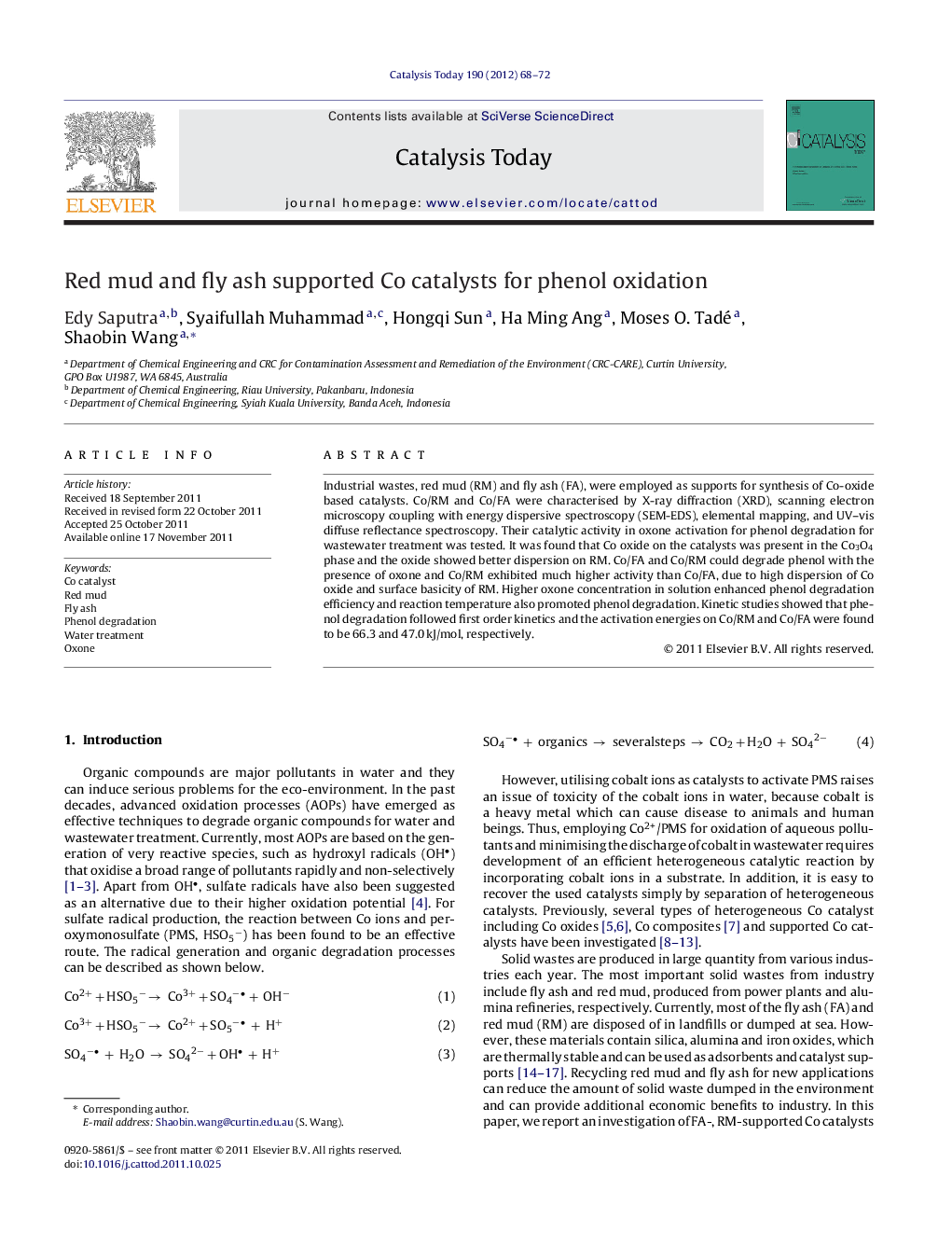 Red mud and fly ash supported Co catalysts for phenol oxidation