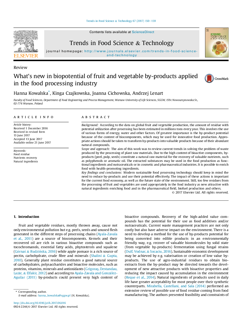 ReviewWhat's new in biopotential of fruit and vegetable by-products applied in the food processing industry