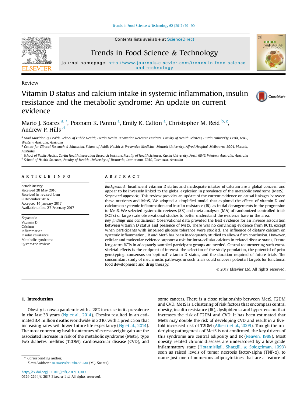 ReviewVitamin D status and calcium intake in systemic inflammation, insulin resistance and the metabolic syndrome: An update on current evidence