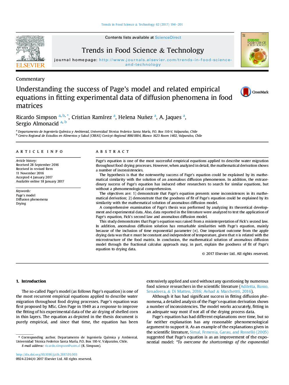 CommentaryUnderstanding the success of Page's model and related empirical equations in fitting experimental data of diffusion phenomena in food matrices