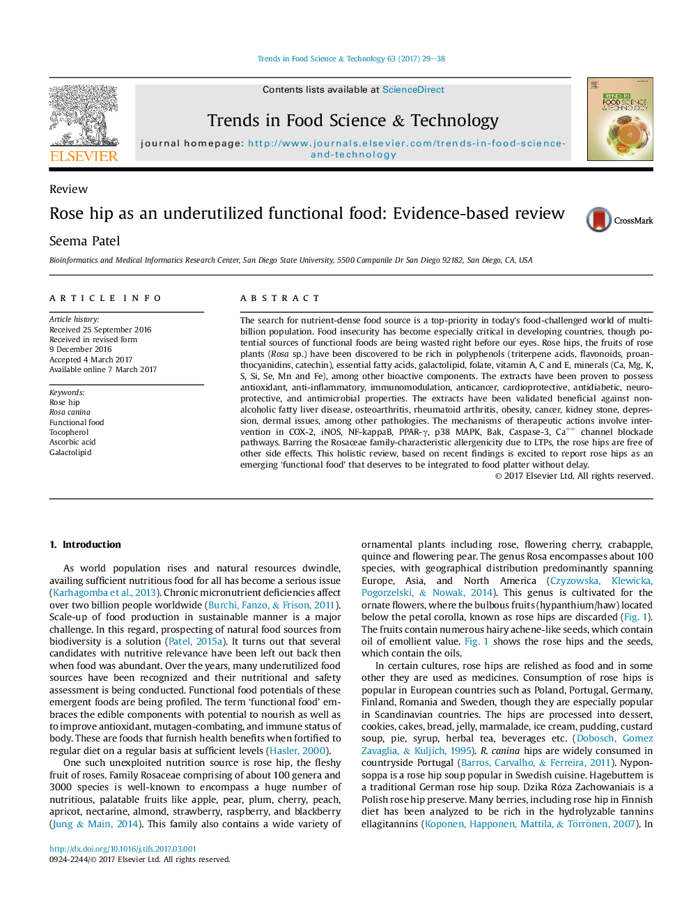 ReviewRose hip as an underutilized functional food: Evidence-based review