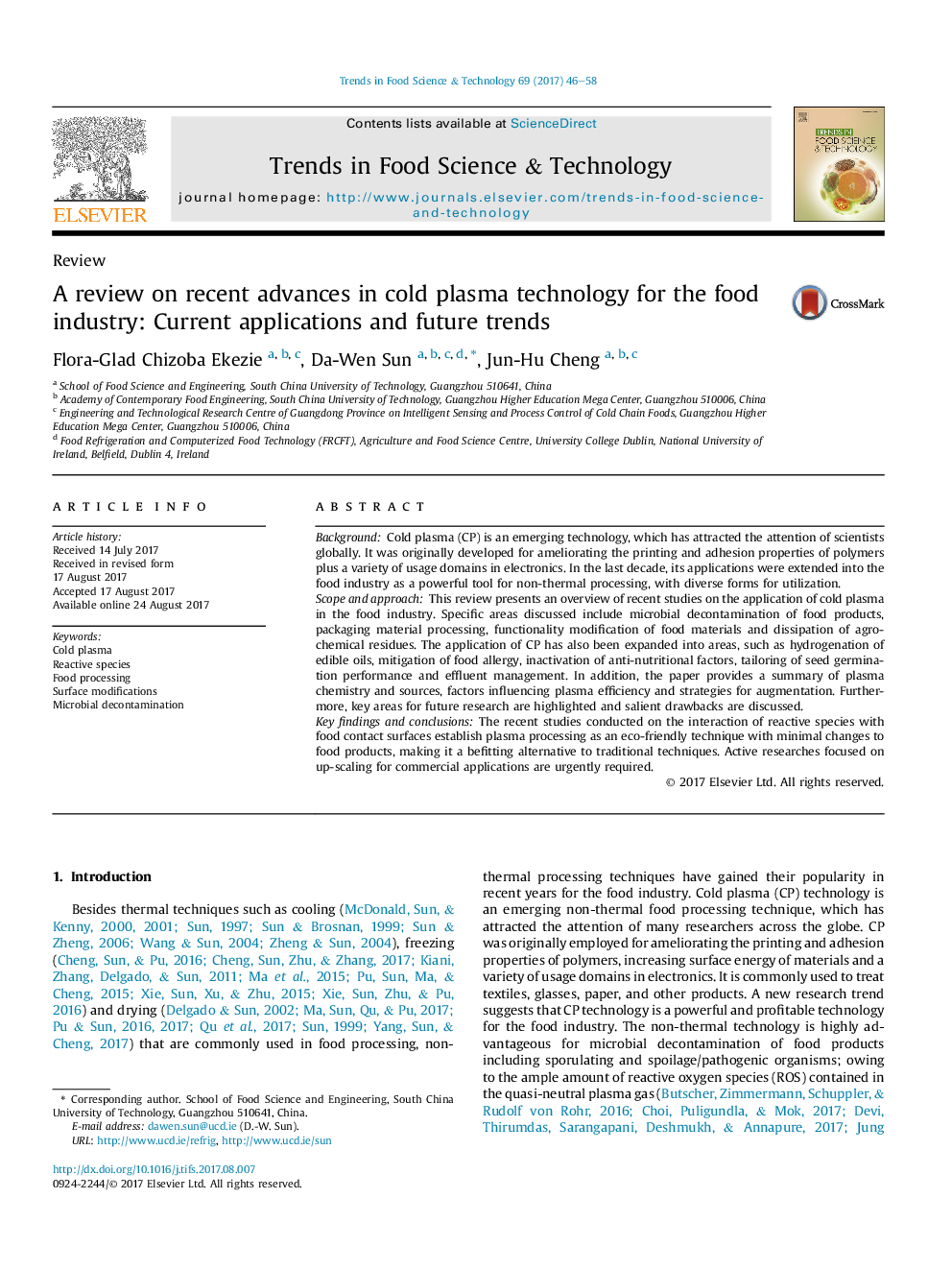 ReviewA review on recent advances in cold plasma technology for the food industry: Current applications and future trends