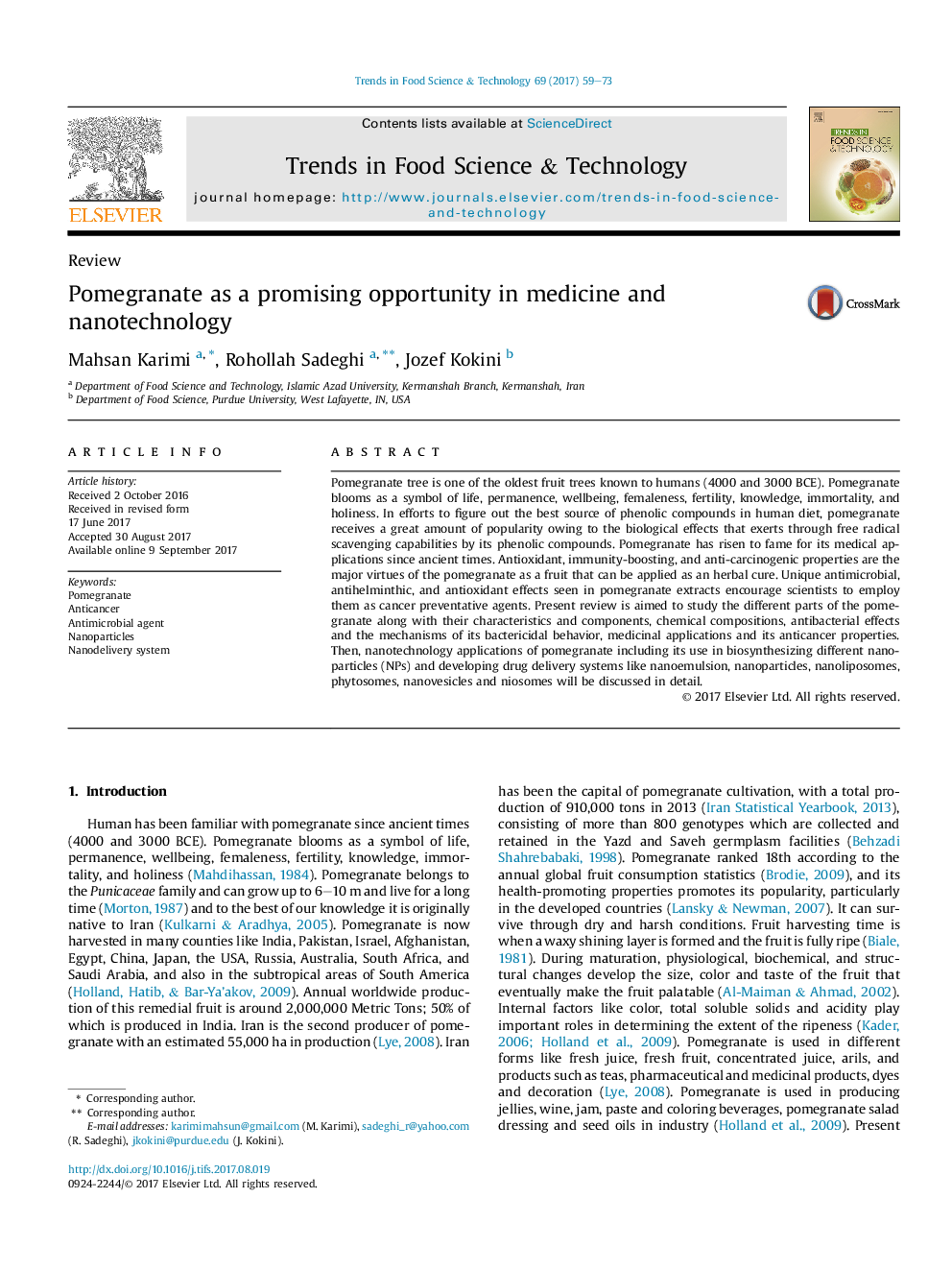 ReviewPomegranate as a promising opportunity in medicine and nanotechnology