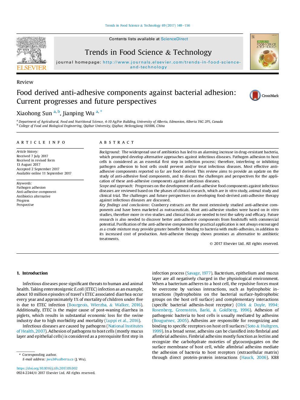 ReviewFood derived anti-adhesive components against bacterial adhesion: Current progresses and future perspectives