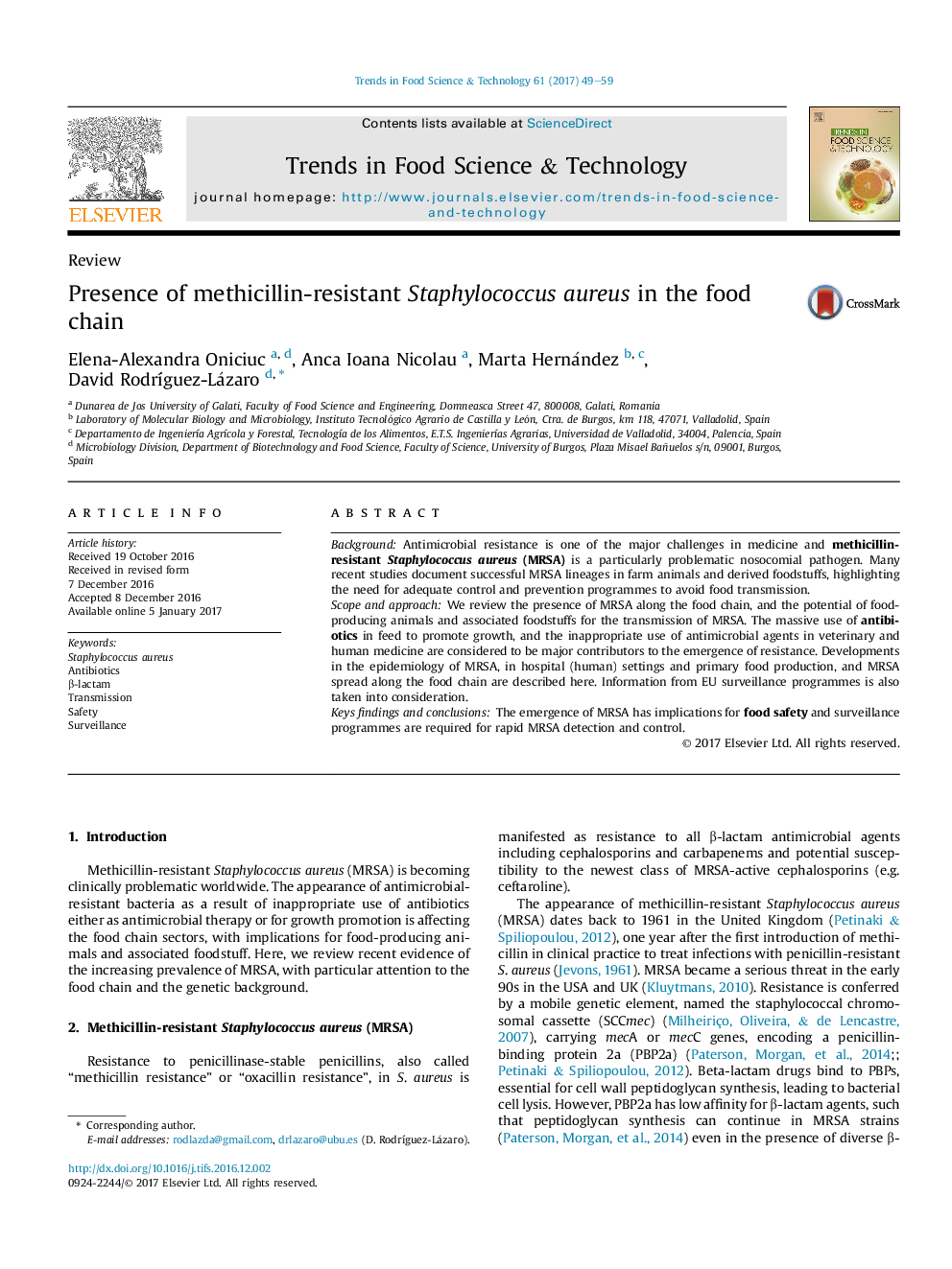 ReviewPresence of methicillin-resistant Staphylococcus aureus in the food chain