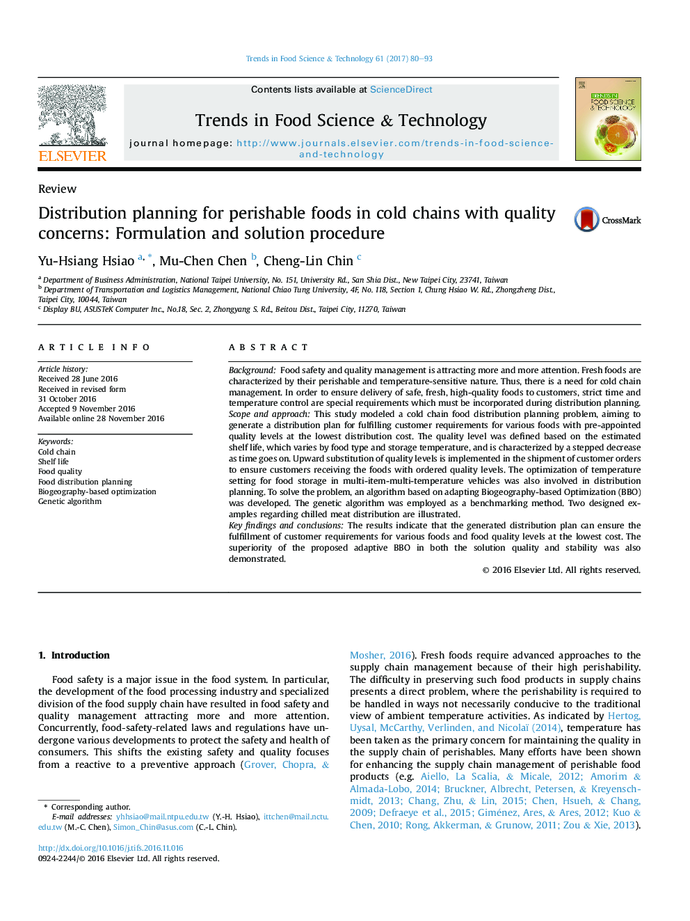 ReviewDistribution planning for perishable foods in cold chains with quality concerns: Formulation and solution procedure