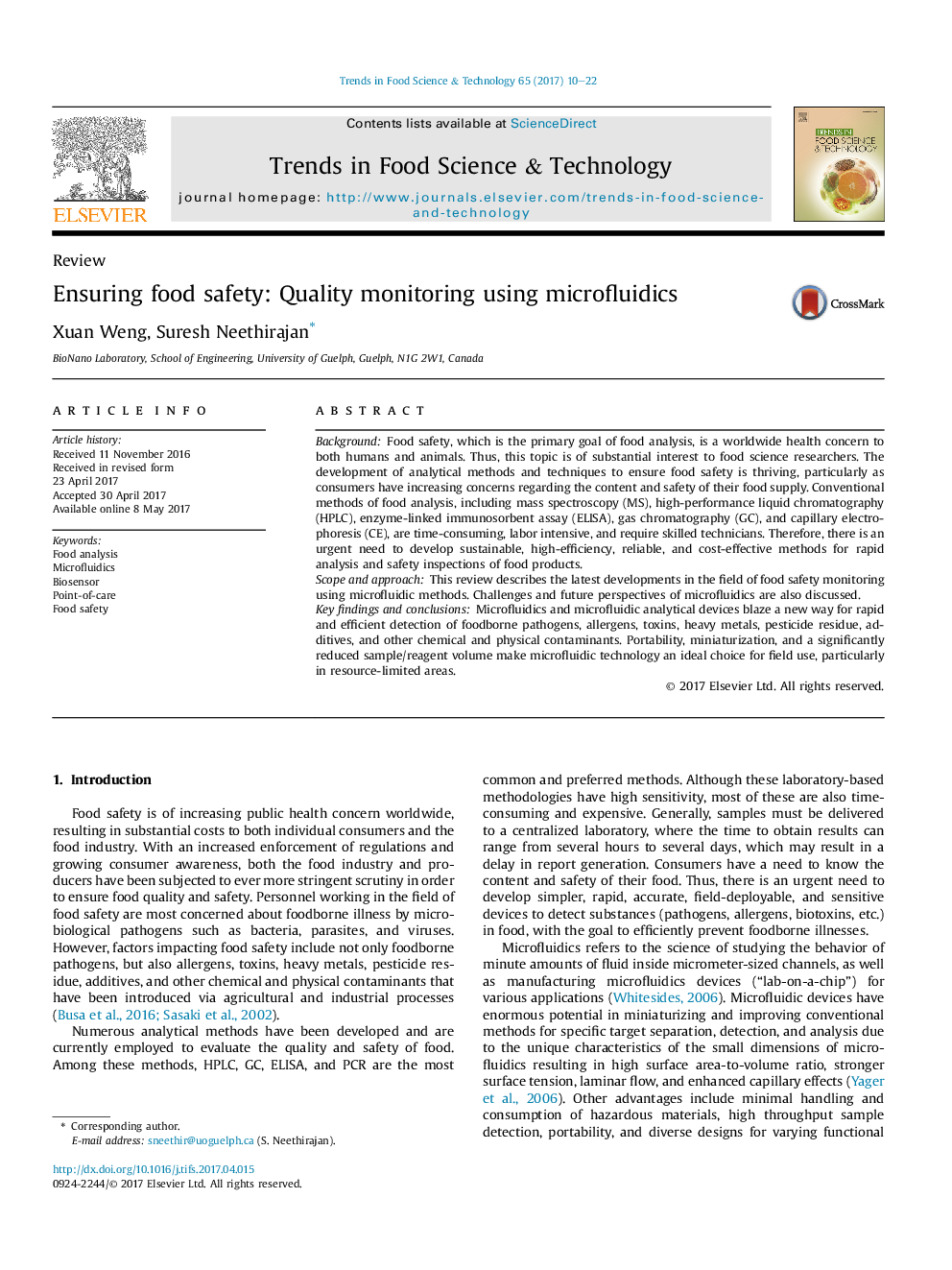 ReviewEnsuring food safety: Quality monitoring using microfluidics