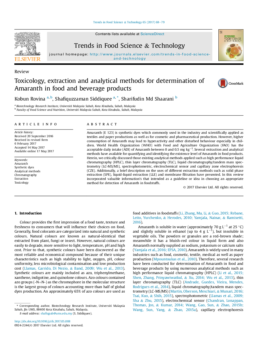 ReviewToxicology, extraction and analytical methods for determination of Amaranth in food and beverage products