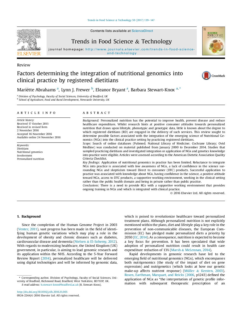 ReviewFactors determining the integration of nutritional genomics into clinical practice by registered dietitians