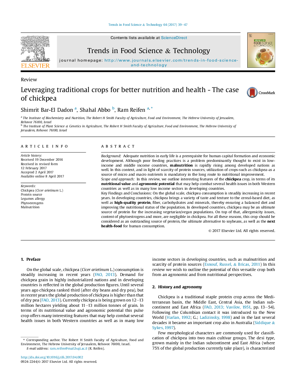 ReviewLeveraging traditional crops for better nutrition and health - The case of chickpea